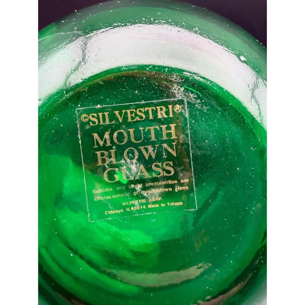 Silvestri Mouth Blown Glass Globe Vase Emerald Green Etched World Map Round 6in